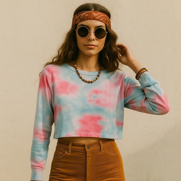 Tops - TIE Dye Long Sleeve Crop Shirt in Sky Blue & Pink